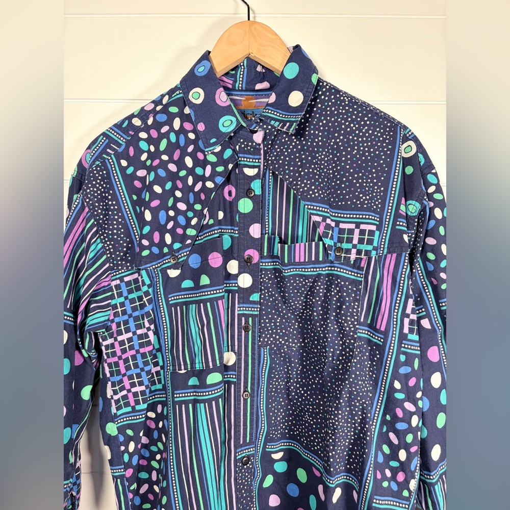 Cricket Colorful Blue Patterned Button Up Shirt Large - Picture 3 of 11